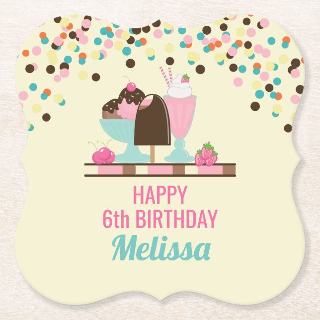 Ice Cream Sundae Summery Treats Birthday Paper Coaster (Front)