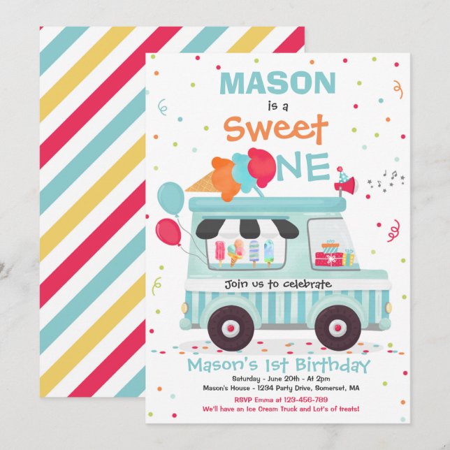 Ice Cream Sweet Birthday Ice Cream Truck Invitation (Front/Back)