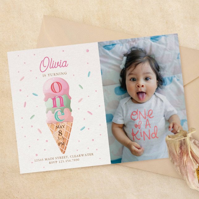 Ice Cream Sweet One Birthday Party Photo Invitation (Creator Uploaded)