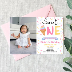 Ice Cream Sweet One Photo 1st First Birthday Party Invitation