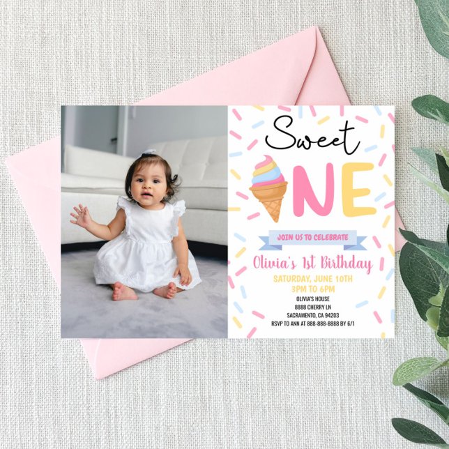 Ice Cream Sweet One Photo 1st First Birthday Party Invitation (Creator Uploaded)