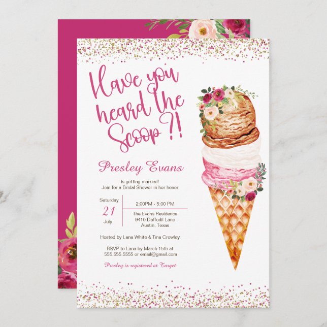 Ice Cream "The Scoop" Watercolor Bridal Shower Invitation (Front/Back)