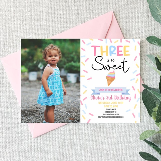 Ice Cream Three Is Sweet 3rd Third Birthday Party Invitation (Creator Uploaded)