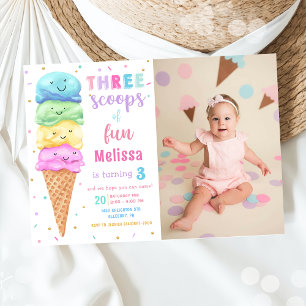 Ice Cream Three Scoops of Fun Birthday Photo Invitation