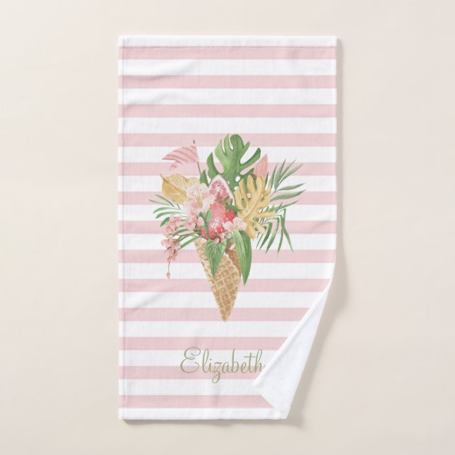  Ice cream,Tropical Leaves Fruit,Pink Stripes   Bath Towel Set (Hand Towel)