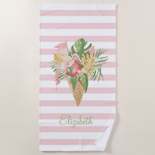 Ice cream,Tropical Leaves Fruit,Pink Stripes Beach Towel