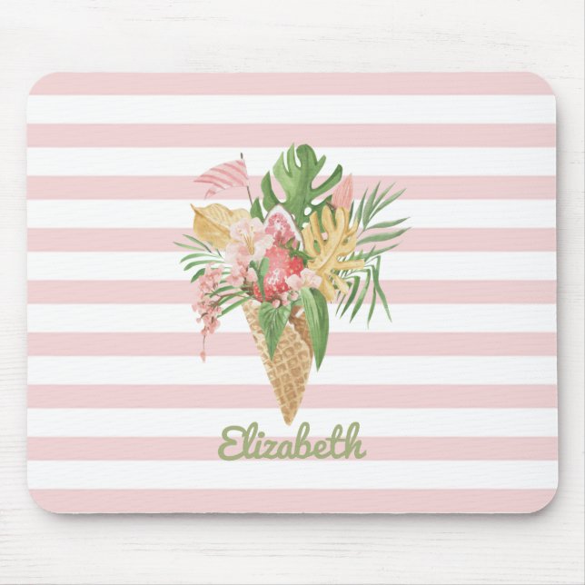 Ice cream,Tropical Leaves Fruit,Pink Stripes   Mouse Pad (Front)