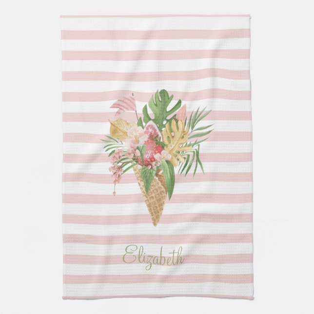  Ice cream,Tropical Leaves Fruit,Pink Stripes  Tea Towel (Vertical)