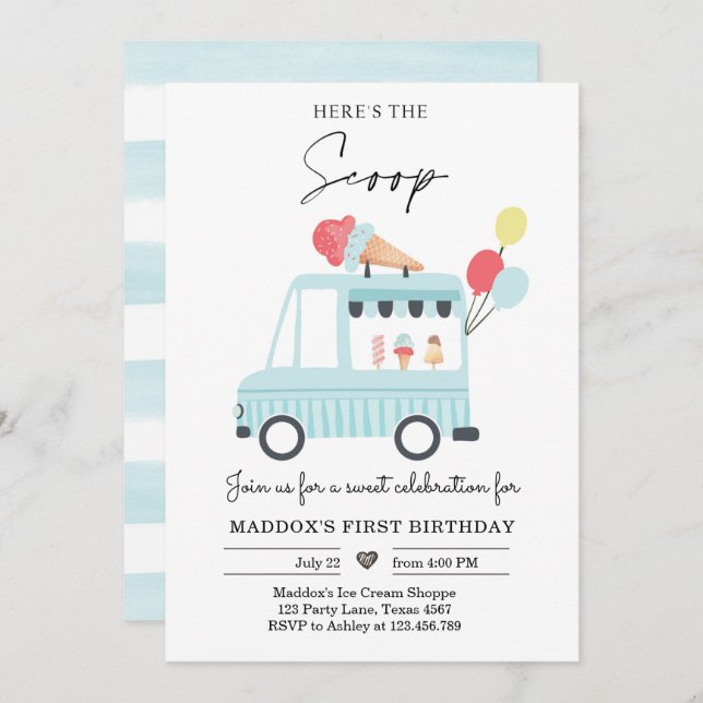 Ice Cream Truck 1st Birthday Invite Boy Scoop  (Front/Back)