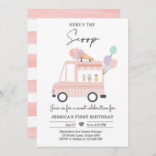 Ice Cream Truck 1st Birthday Invite Pink Scoop 