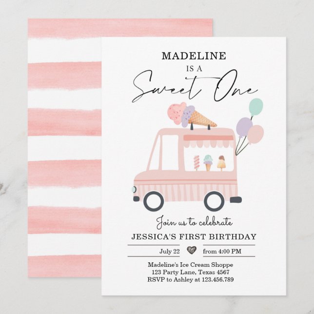 Ice Cream Truck 1st Birthday Invite Pink Sweet One (Front/Back)