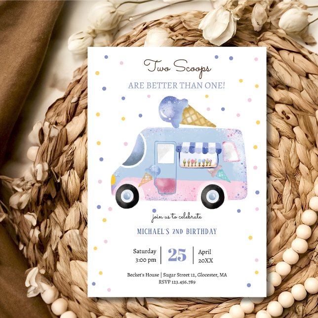 Ice cream truck 2 scoops second birthday invitation (Creator Uploaded)