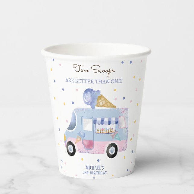 Ice cream truck 2 scoops second birthday paper cups (Front)