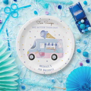 Ice cream truck 2 scoops second birthday paper plate