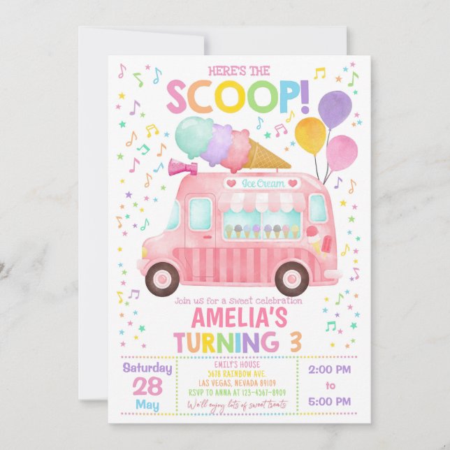 Ice Cream Truck Birthday Invitation Girl 1st Birth (Front)