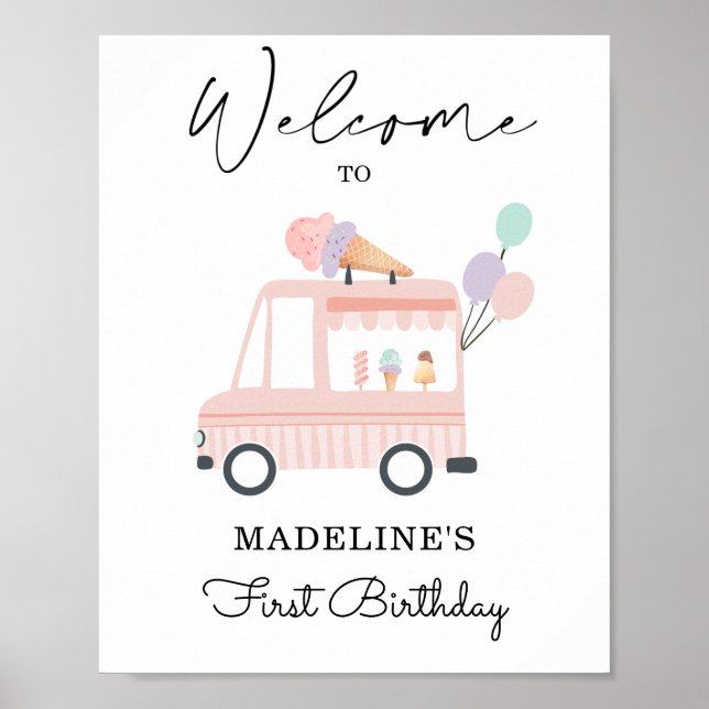 Ice Cream Truck Birthday Welcome Sign Girl Pink (Front)