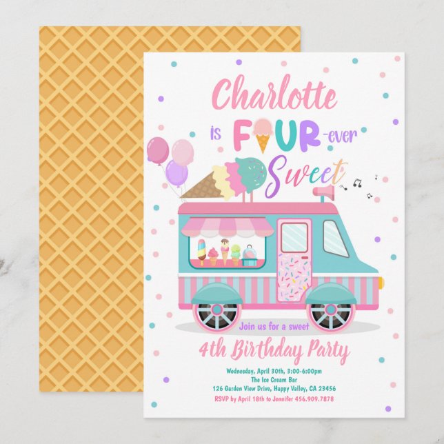 Ice Cream Truck Fourever Sweet 4th Birthday Party  Invitation (Front/Back)