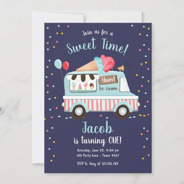 Ice Cream Truck Sweet Time Boy Red Blue Birthday Invitation (Front)