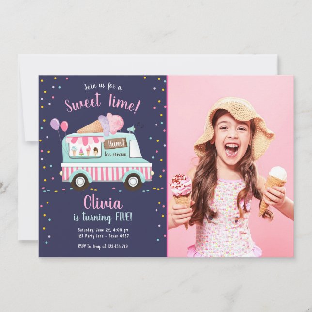Ice Cream Truck Sweet Time Pink Girl Birthday Invitation (Front)