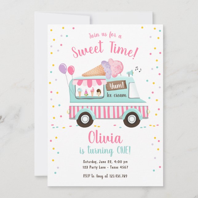 Ice Cream Truck Sweet Time Pink Girl Birthday Invitation (Front)