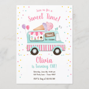 Ice Cream Truck Sweet Time Pink Girl Birthday Invitation