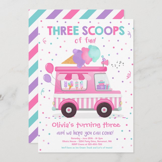 Ice Cream Truck Three Scoops Of Fun 3rd Birthday Invitation (Front/Back)