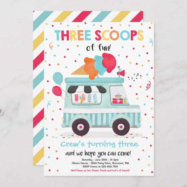 Ice Cream Truck Three Scoops Of Fun 3rd Birthday Invitation (Front/Back)