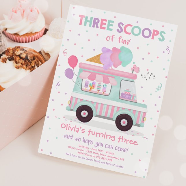 Ice Cream Truck Three Scoops Of Fun 3rd Birthday Invitation (Creator Uploaded)