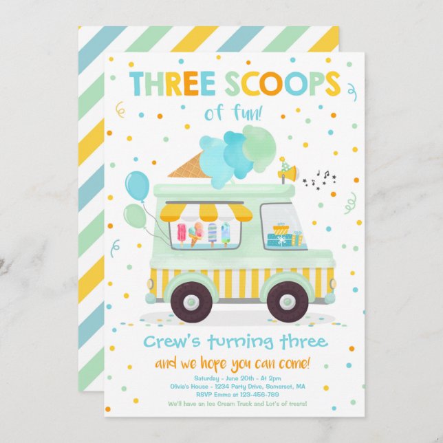 Ice Cream Truck Three Scoops Of Fun 3rd Birthday  Invitation (Front/Back)