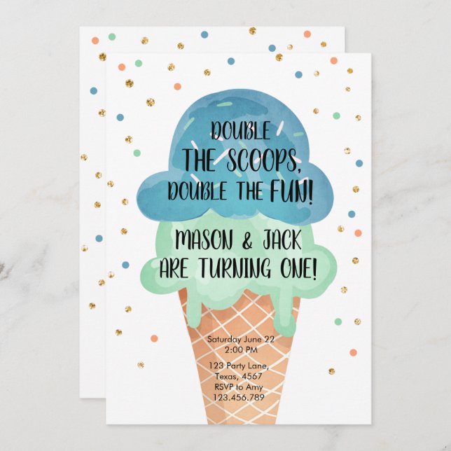 Ice Cream Twin Birthday Blue Mint Cone Confetti Invitation (Front/Back)