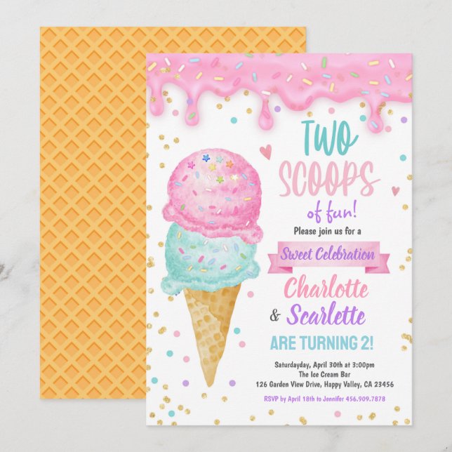 Ice Cream Twins Girl Birthday Party Pink Purple Invitation (Front/Back)