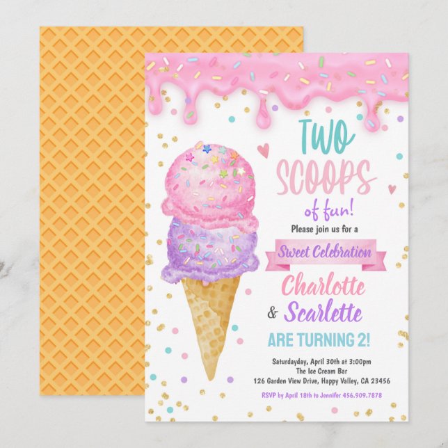 Ice Cream Twins Girl Birthday Party Pink Purple Invitation (Front/Back)