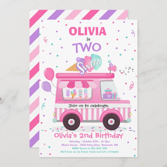 Ice Cream Two Sweet 2nd Birthday Ice Cream Truck I Invitation (Front/Back)