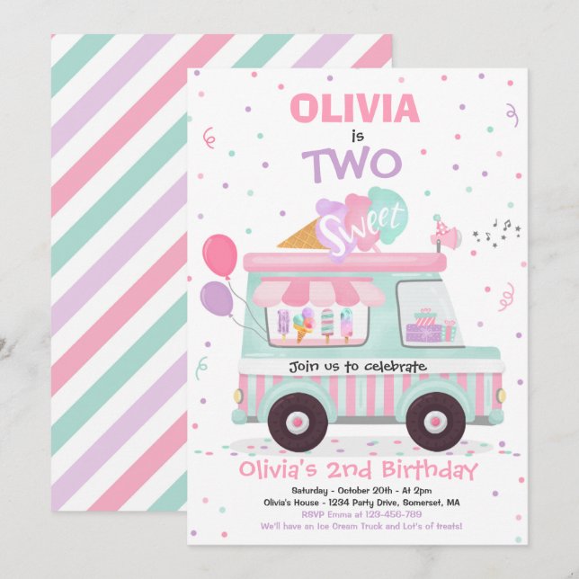 Ice Cream Two Sweet 2nd Birthday Ice Cream Truck Invitation (Front/Back)