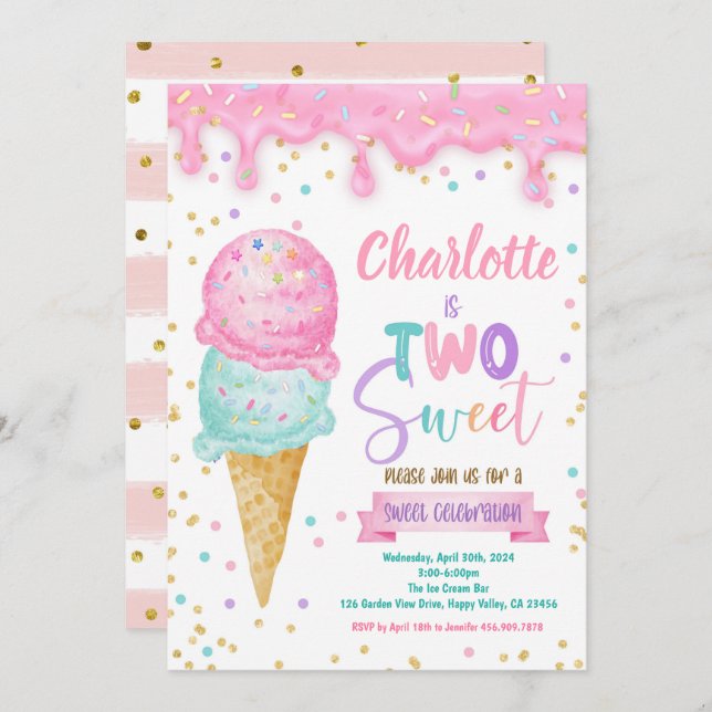 Ice Cream Two Sweet 2nd Birthday Party Pink Mint Invitation (Front/Back)