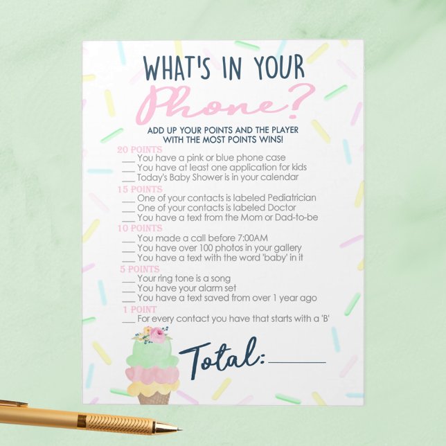 Ice Cream What's In Your Phone Bridal Shower Game Notepad (What's In Your Phone Ice Cream Baby Shower Game Pack of 40 Answer Sheets)