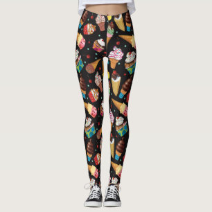 Ice Cream Whimsical Patterned Leggings Black