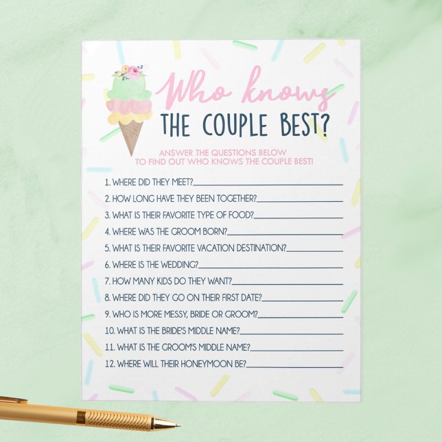 Ice Cream Who Knows The Couple Best Game Pack Notepad (Who Knows the Couple Best Ice Cream Scooped Up Bridal Shower Game Pack of 40 Answer Sheets)