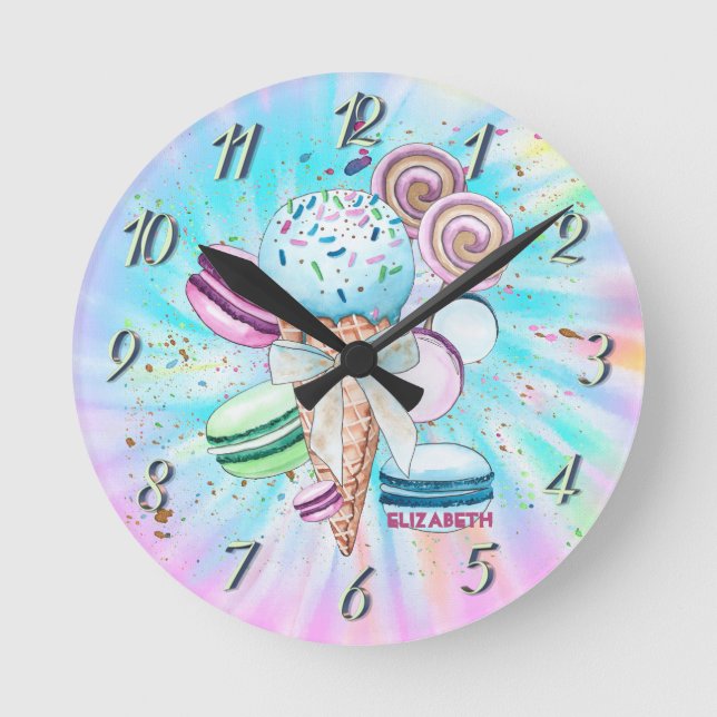 Ice Creams Macaroons Summer Tie Dye  Round Clock (Front)
