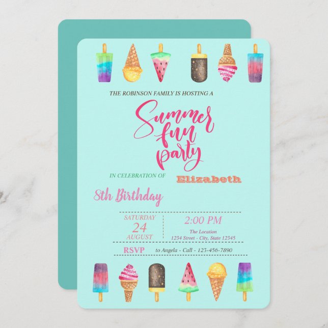 Ice Creams Summer Birthday Party  Invitation (Front/Back)