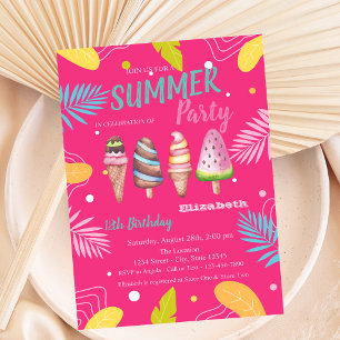 Ice creams Tropical Leaves Pink Birthday Invitation