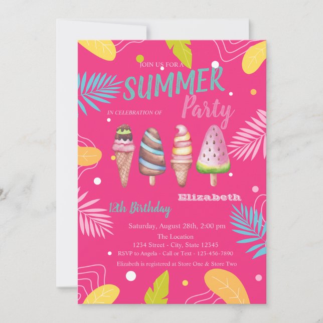 Ice creams Tropical Leaves Pink Birthday  Invitation (Front)