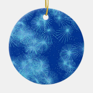 Ice crystal starbursts, blue background ceramic tree decoration