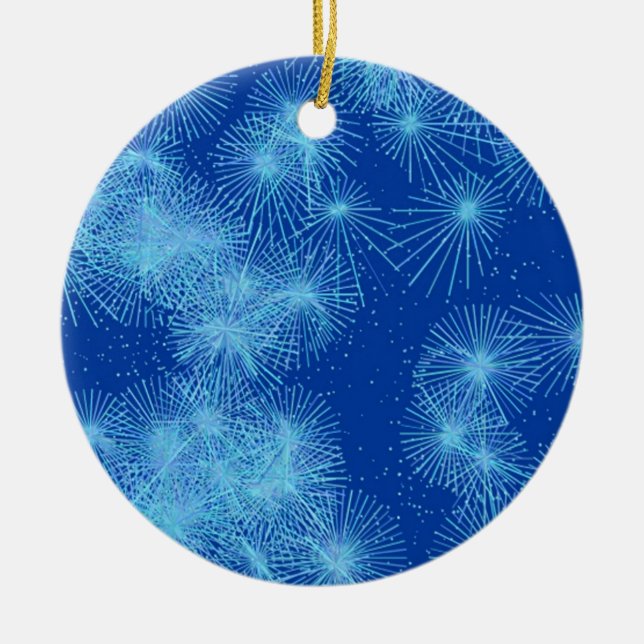 Ice crystal starbursts, blue background ceramic tree decoration (Front)