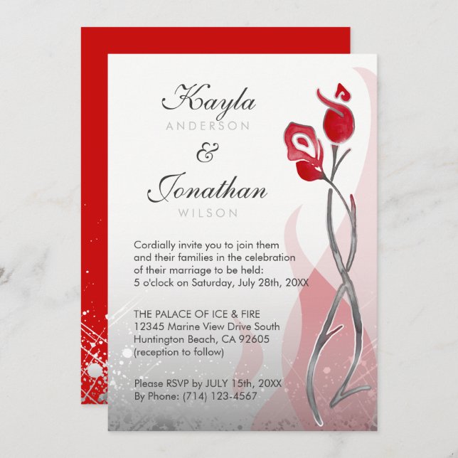 Ice & Fire Wedding Invitations | Red Silver Roses (Front/Back)