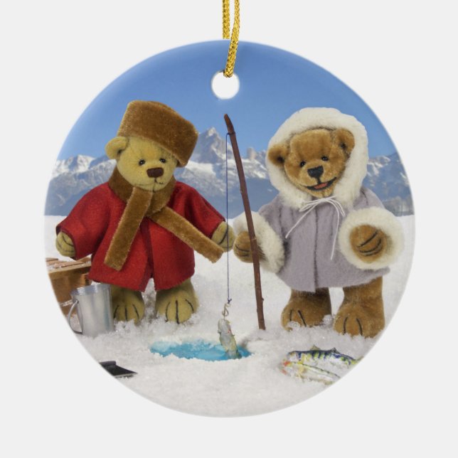Ice Fishing Dinky Bears Ceramic Tree Decoration (Front)