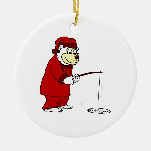 Ice Fishing Polar Bear in PJs Ceramic Tree Decoration (Front)