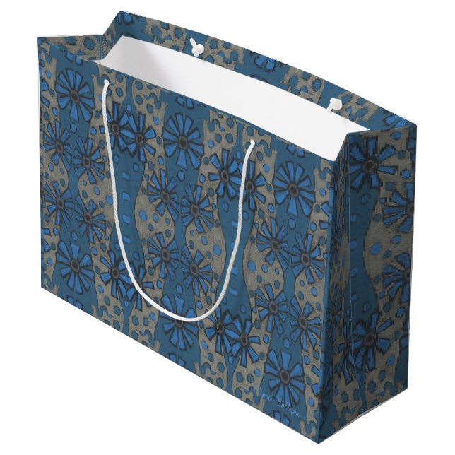 Ice flowers, blue & grey floral pattern, rustical large gift bag (Back Angled)