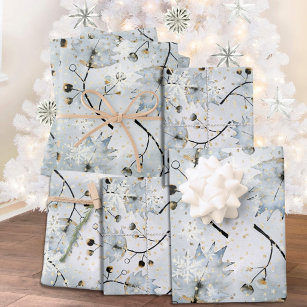 Ice Grey Winter Holly Berries Golden Snowfall Wrapping Paper Sheet