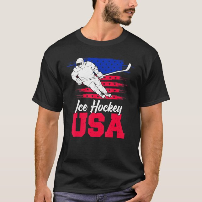Ice Hockey  American Flag  USA Flag Support Team T-Shirt (Front)